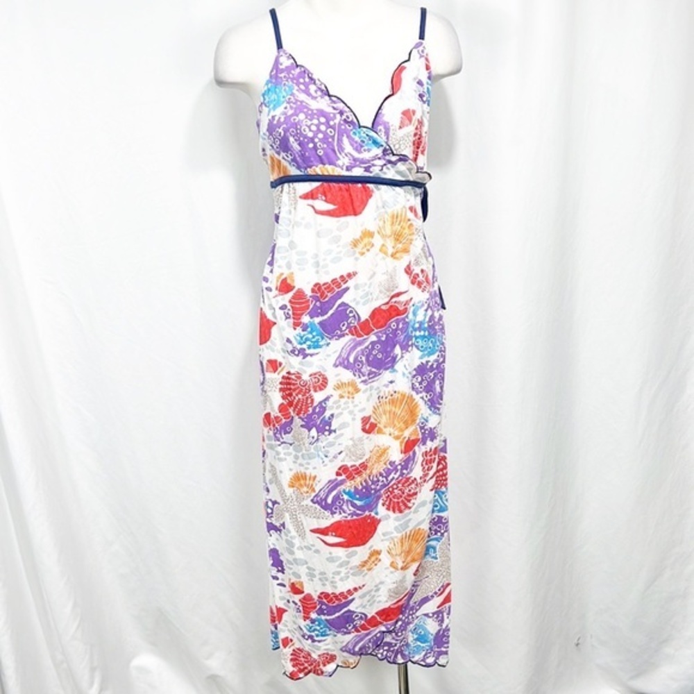 Anthropologie Mermaid Seashell Wrap Dress Red White Purple size Medium Scallop